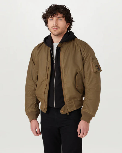 Belstaff Brecon Bomber Motorcycle Jacket Green worn by model on white background
