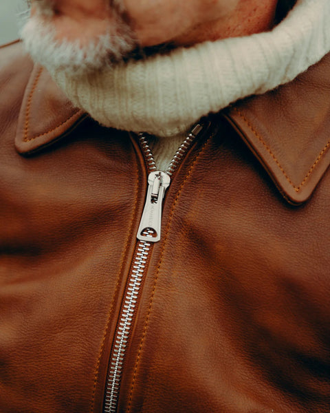 Goldtop 1958 Motorcycle Jacket brown worn by model detail