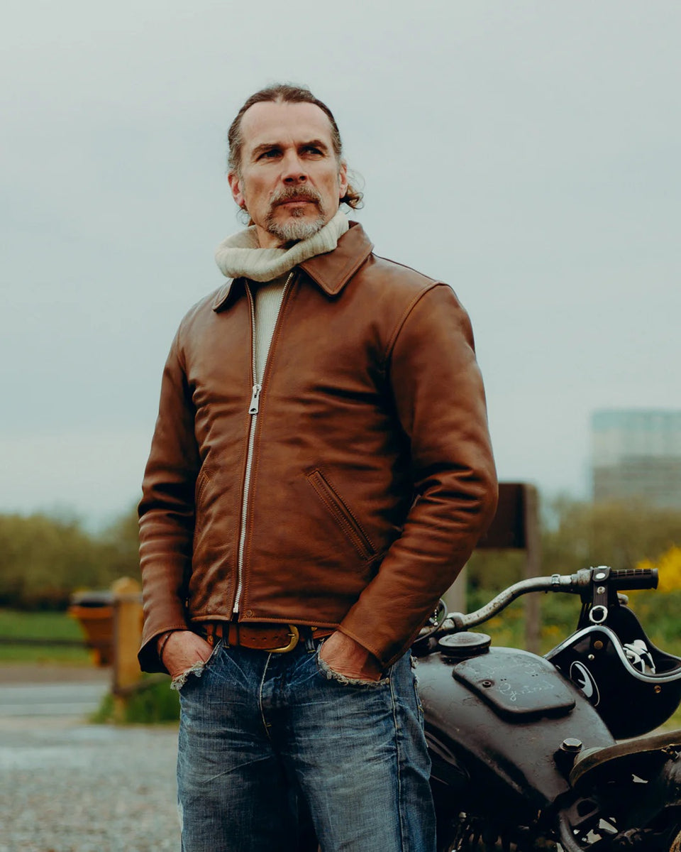 Goldtop 1958 Motorcycle Jacket brown worn by model