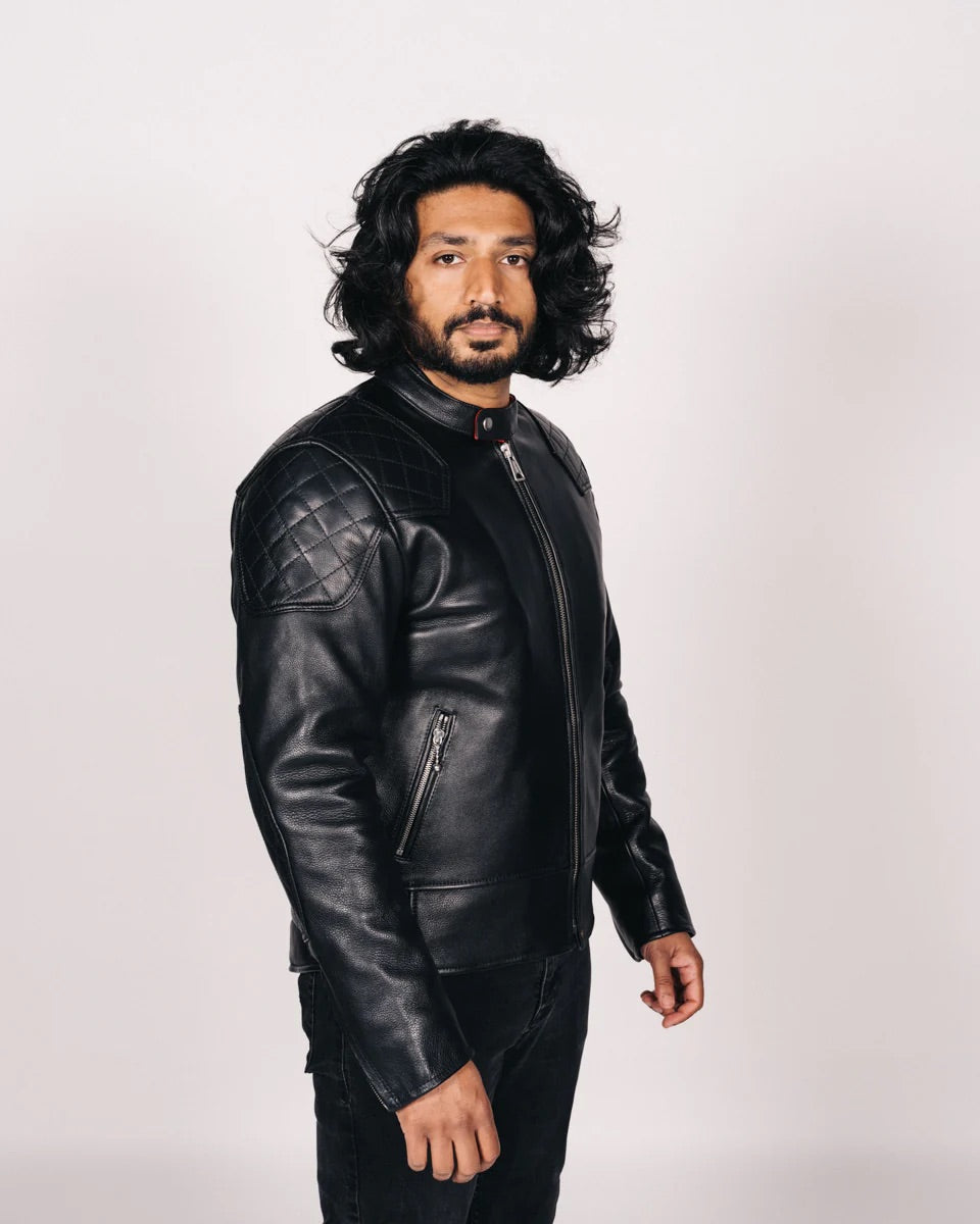 Goldtop 76 cafe racer Leather Motorcycle Jacket black worn by model