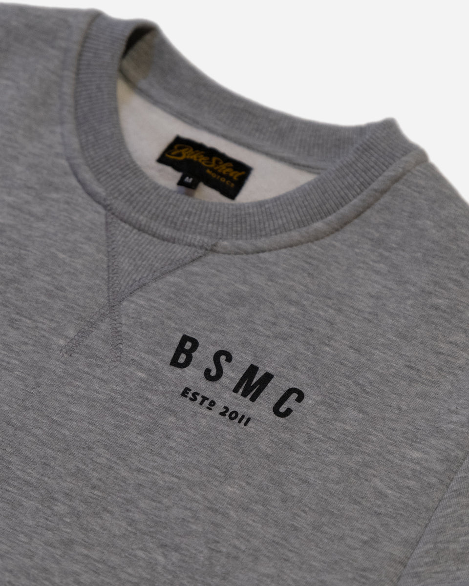 Bike Shed ESTD Sweatshirt Grey MKII Studio Image Front Logo Close Up