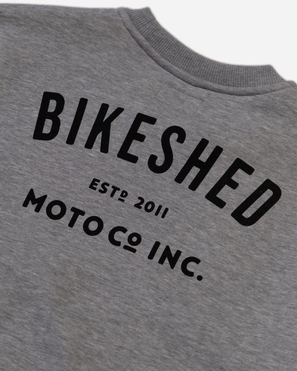 Bike Shed ESTD Sweatshirt Grey MKII Studio Image Back Logo Close Up