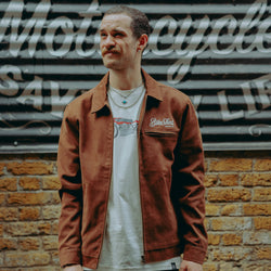 Model wearing our Brown Twill Motorcycle jacket