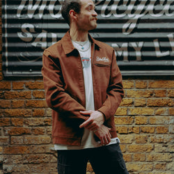 Model wearing Brown Twill Motorcycle jacket