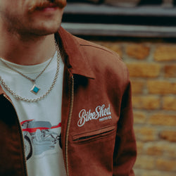 Brown Twill Motorcycle jacket logo detail