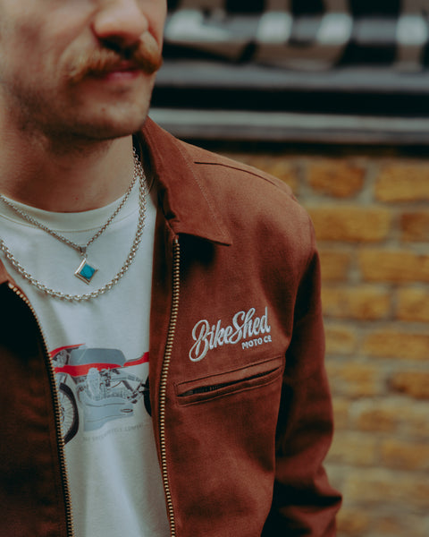 Brown Twill Motorcycle jacket logo detail