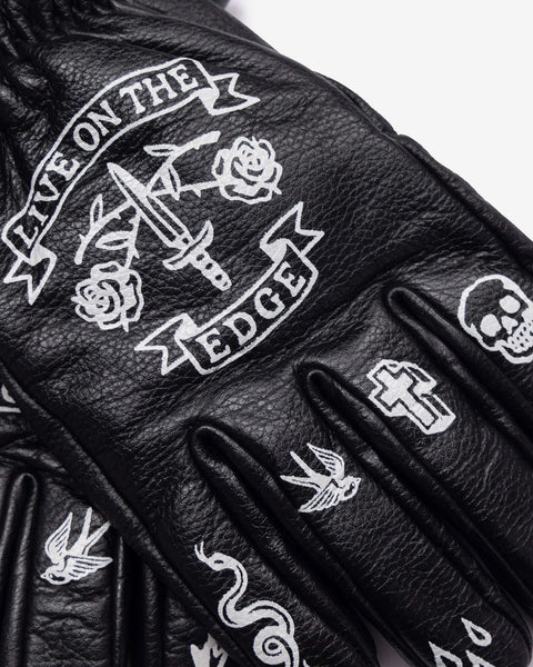 Macleod Memento Mori Leather Gloves - Black studio image on white background showing detail