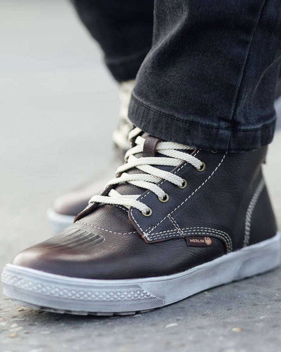 Merlin Stretton D3O Boots - Brown worn by model outdoors