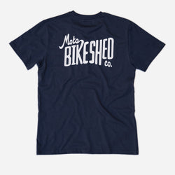 Navy blue t-shirt with 'Moto Bikeshed co'  logo - back