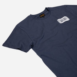 Navy blue t-shirt with 'Moto Bikeshed co'  logo - front detail