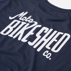 Navy blue t-shirt with 'Moto Bikeshed co'  logo - back detail