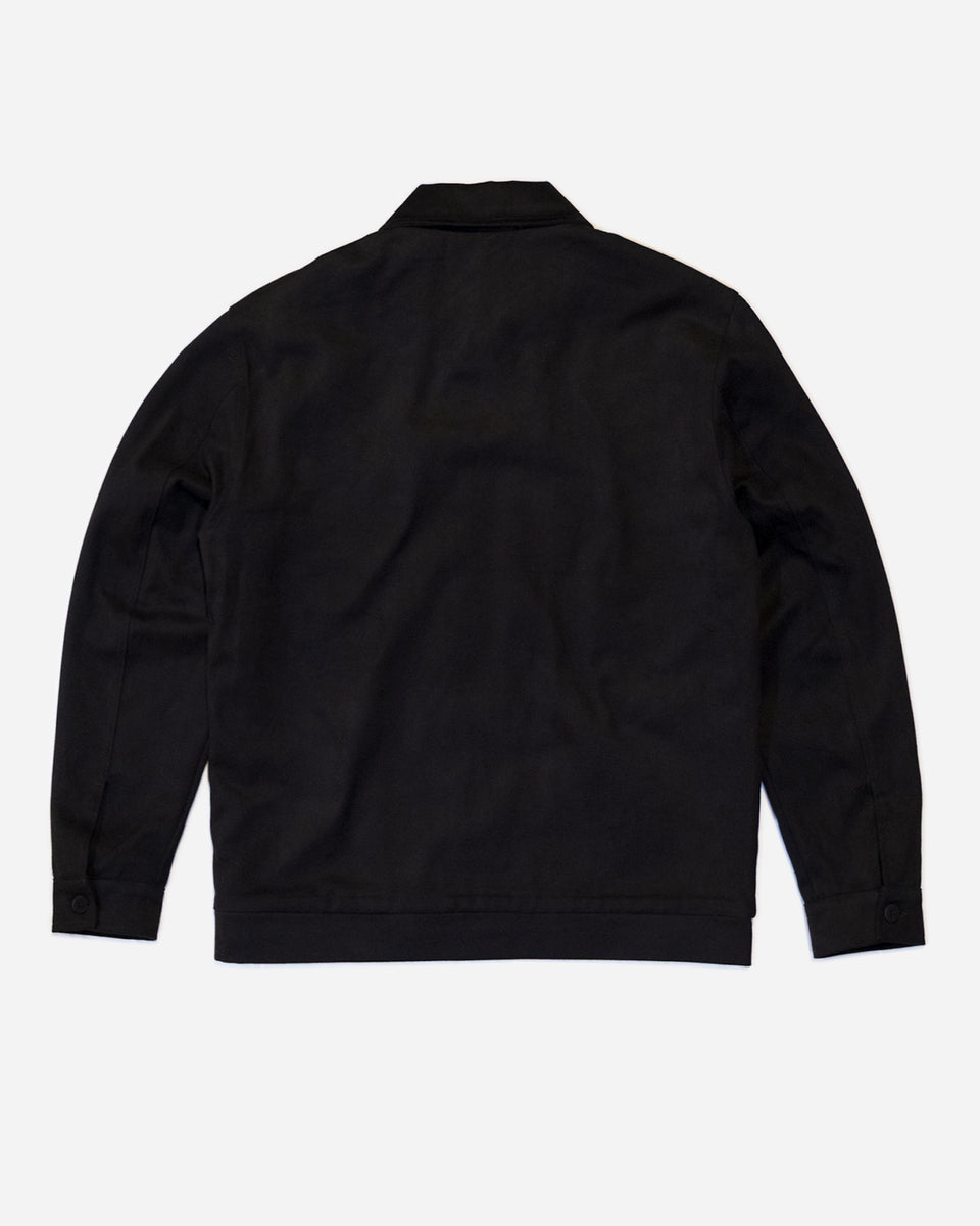 Black twill Bike Shed Moto Co motorcycle jacket on a white background