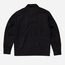 Black twill Bike Shed Moto Co motorcycle jacket on a white background