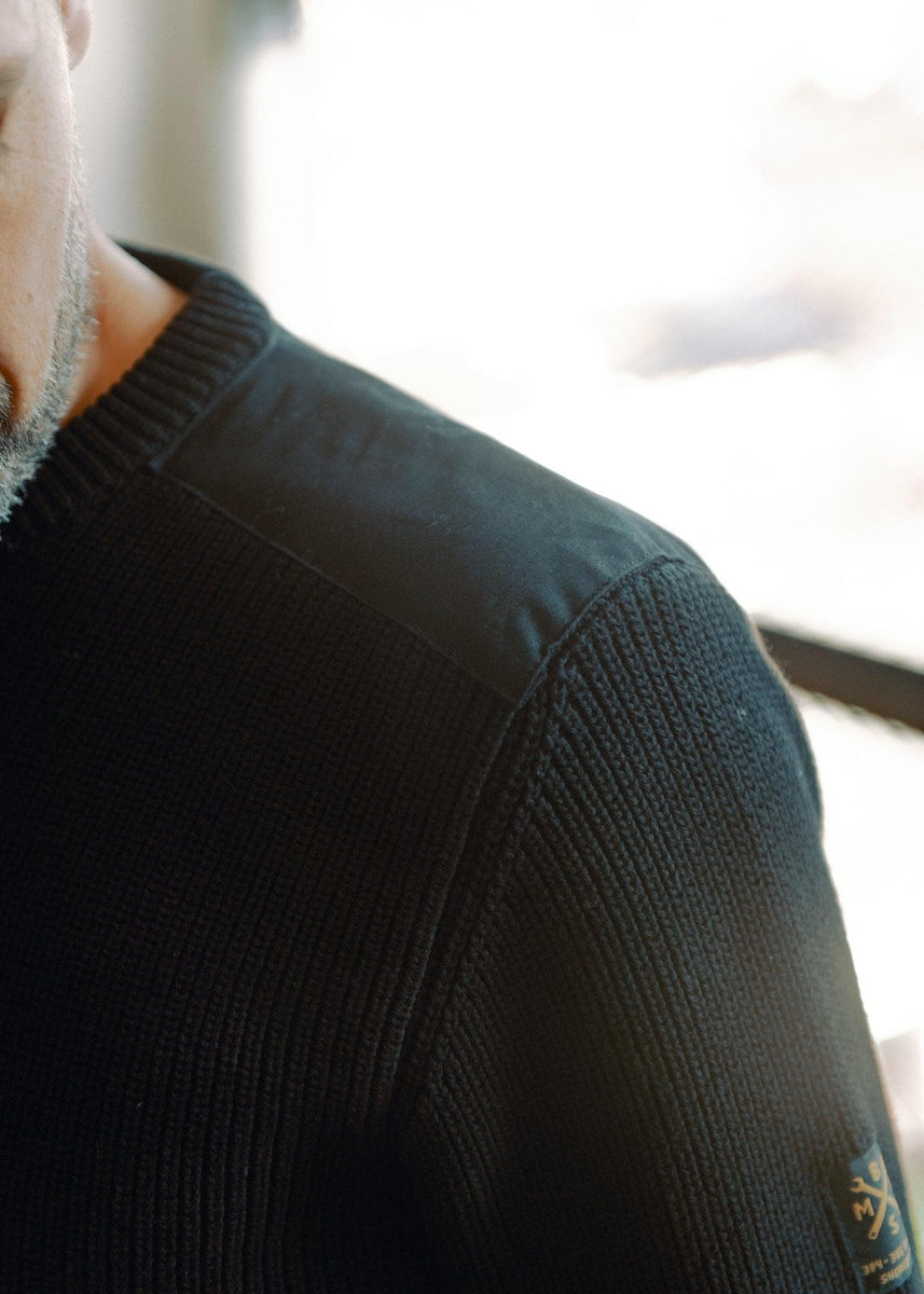 Chunky Knit Crew Neck Motorcycle Sweatshirt - Black