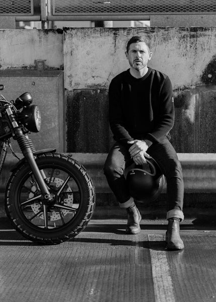 Chunky Knit Crew Neck Motorcycle Sweatshirt - Black