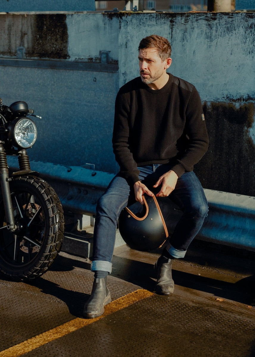 Chunky Knit Crew Neck Motorcycle Sweatshirt - Black