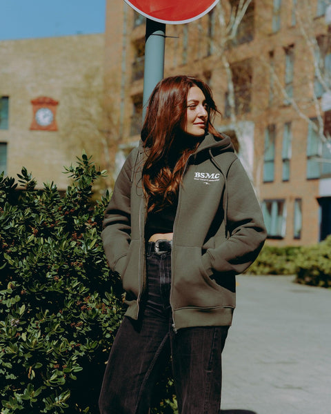 Model wearing Green Bike Shed Motorcycle Co. Good Times Hooded Sweatshirt 