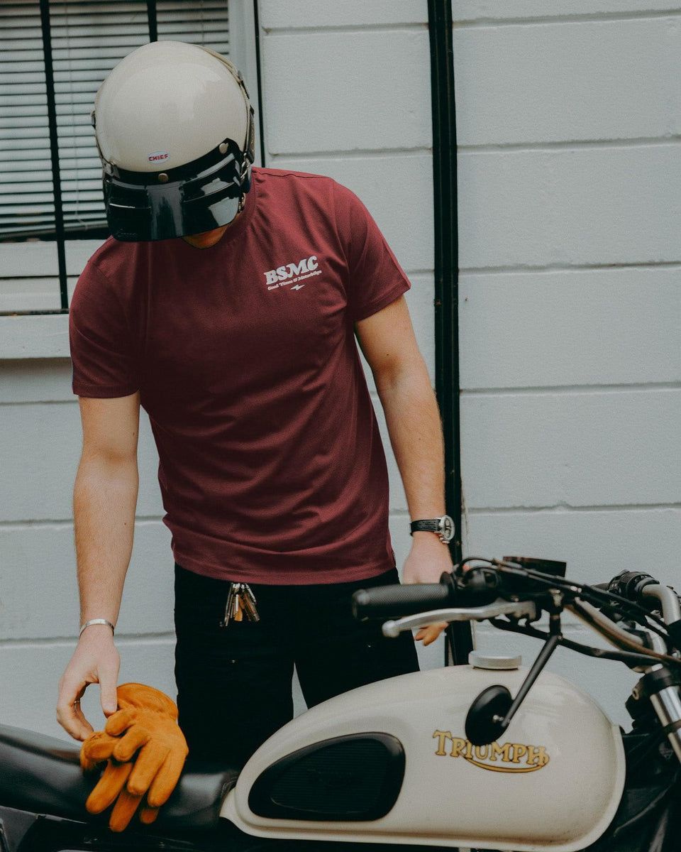 Model wearing burgundy Good Times Motorcycle Logo T-Shirt 