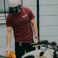 Model wearing burgundy Good Times Motorcycle Logo T-Shirt 