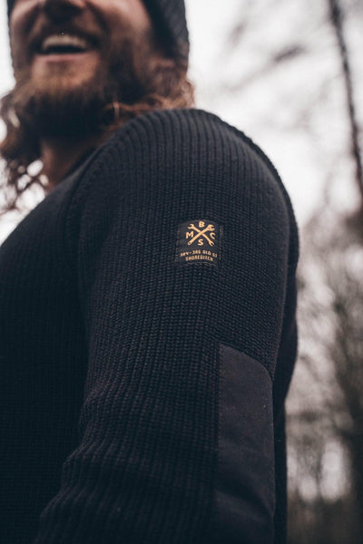 Chunky Knit Crew Neck Motorcycle Sweatshirt - Black