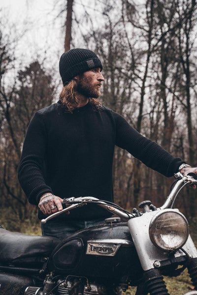 Chunky Knit Crew Neck Motorcycle Sweatshirt - Black