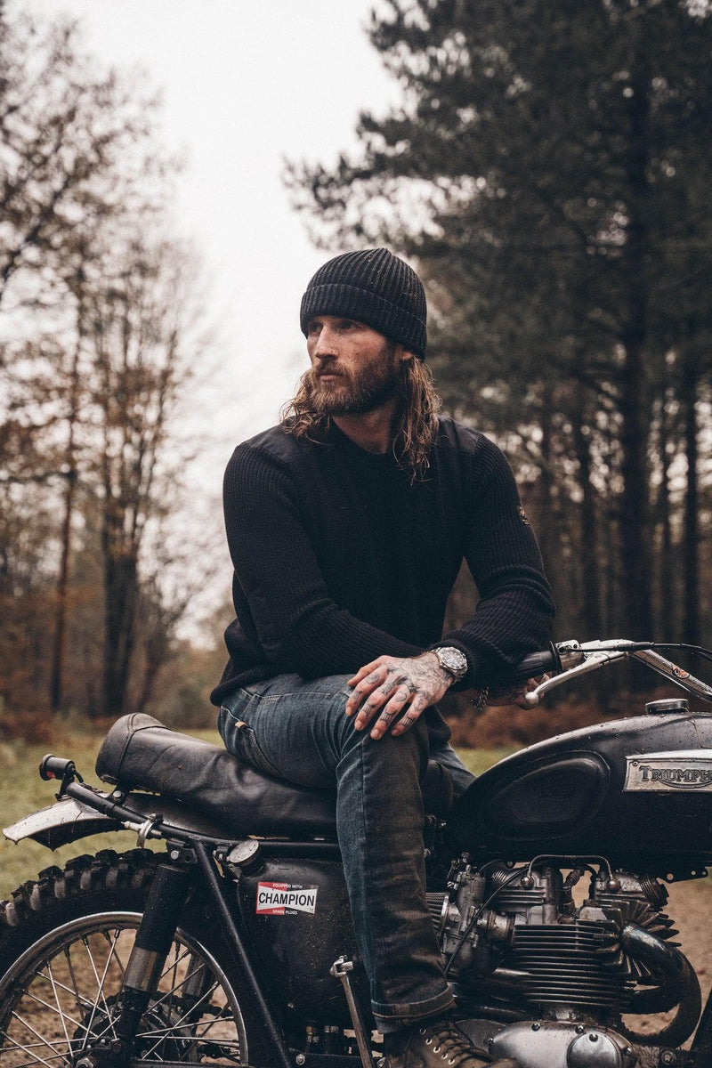 Chunky Knit Crew Neck Motorcycle Sweatshirt  - Black