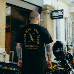 Model wearing black Motorcycle London Lightning T-Shirt - back