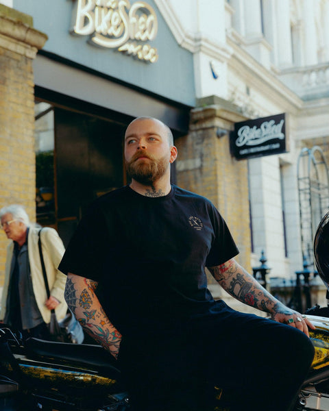 Model wearing black Motorcycle London Lightning T-Shirt
