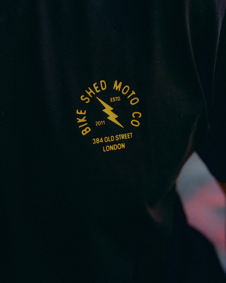 Black Motorcycle London Lightning T-Shirt Detail Front