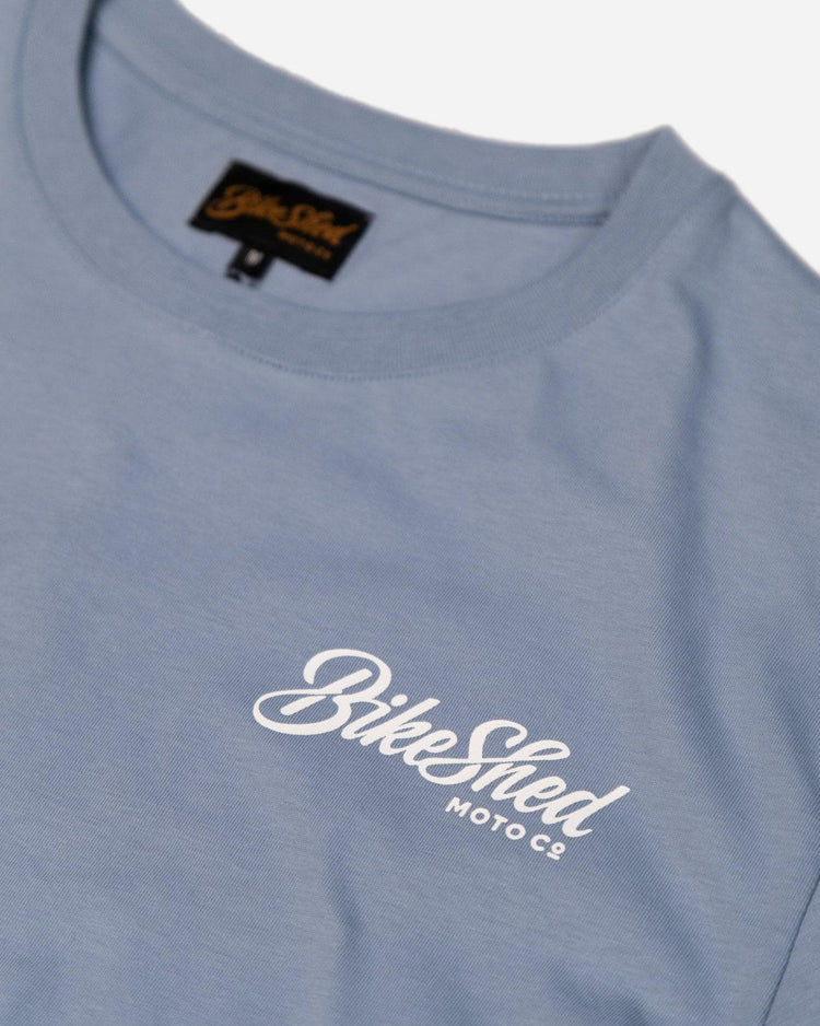 Blue pennant chest logo motorcycle T-Shirt - front detail