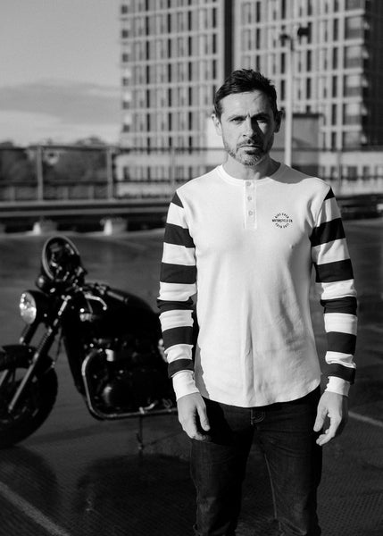 Rocker Long Sleeve Motorcycle Waffle Shirt - Cream/Black