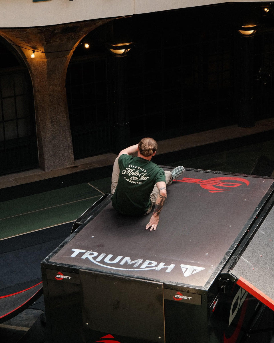 Model wearing Green BSMC Logo Shoreditch Motorcycle T-Shirt