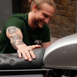 Model wearing our green BSMC Logo Shoreditch Motorcycle T-Shirt
