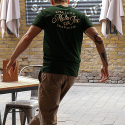 Model wearing green BSMC Logo Shoreditch Motorcycle T-Shirt - back