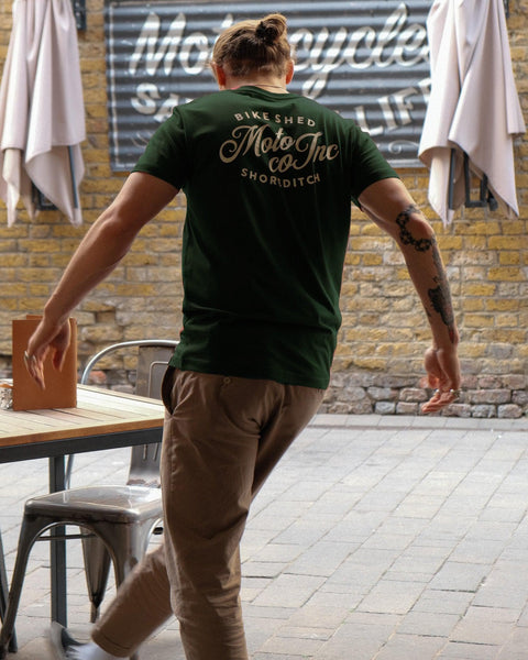 Model wearing green BSMC Logo Shoreditch Motorcycle T-Shirt - back