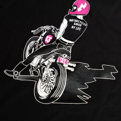 Black Women's FKU 4LL Motorcycle Graphic T-Shirt - back detail
