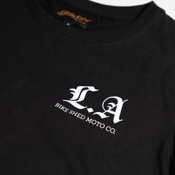 Black Women's LA Motorcycle Rocker T-Shirt - front detail