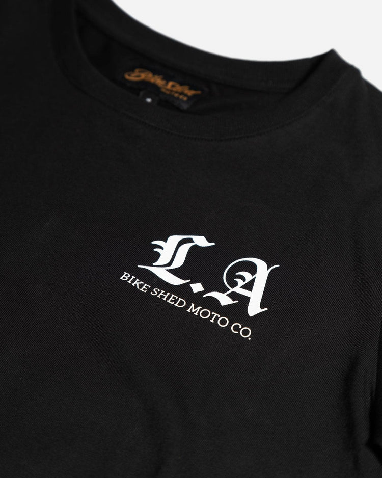 Black Women's LA Motorcycle Rocker T-Shirt - front detail